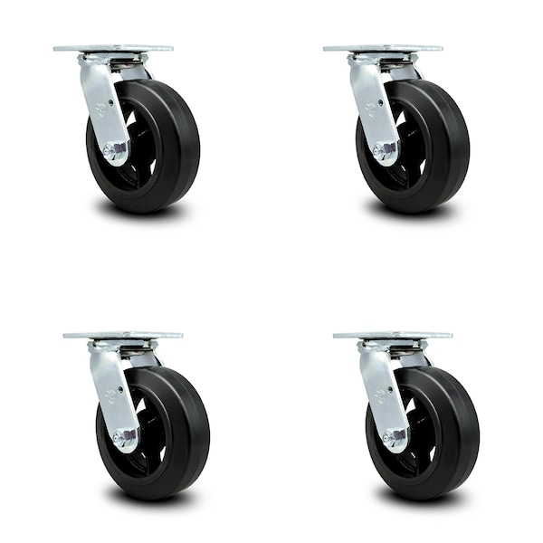 6 Inch Rubber on Steel Caster Set with Ball Bearing and Swivel Lock SCC